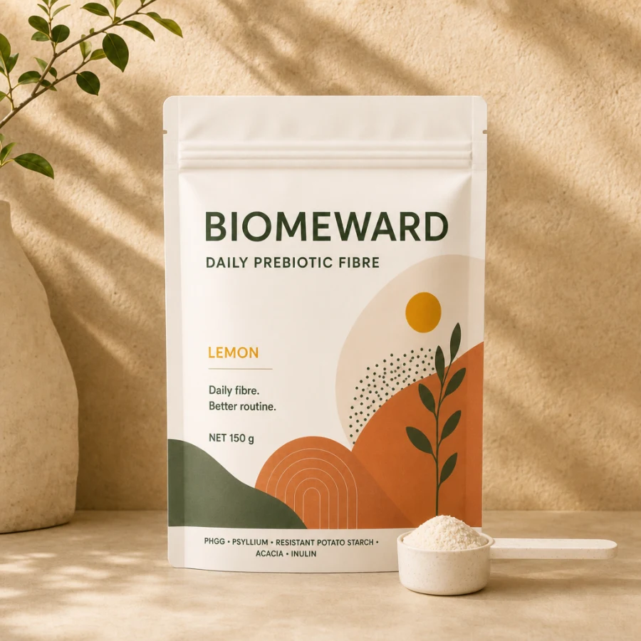 BIOMEWARD Daily Prebiotic Fibre lemon pouch with a straight measuring scoop