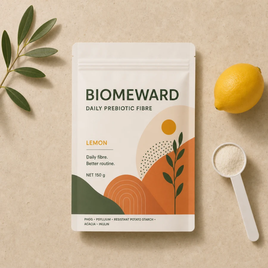 BIOMEWARD pouch photographed from above with a lemon, olive sprig and measuring scoop