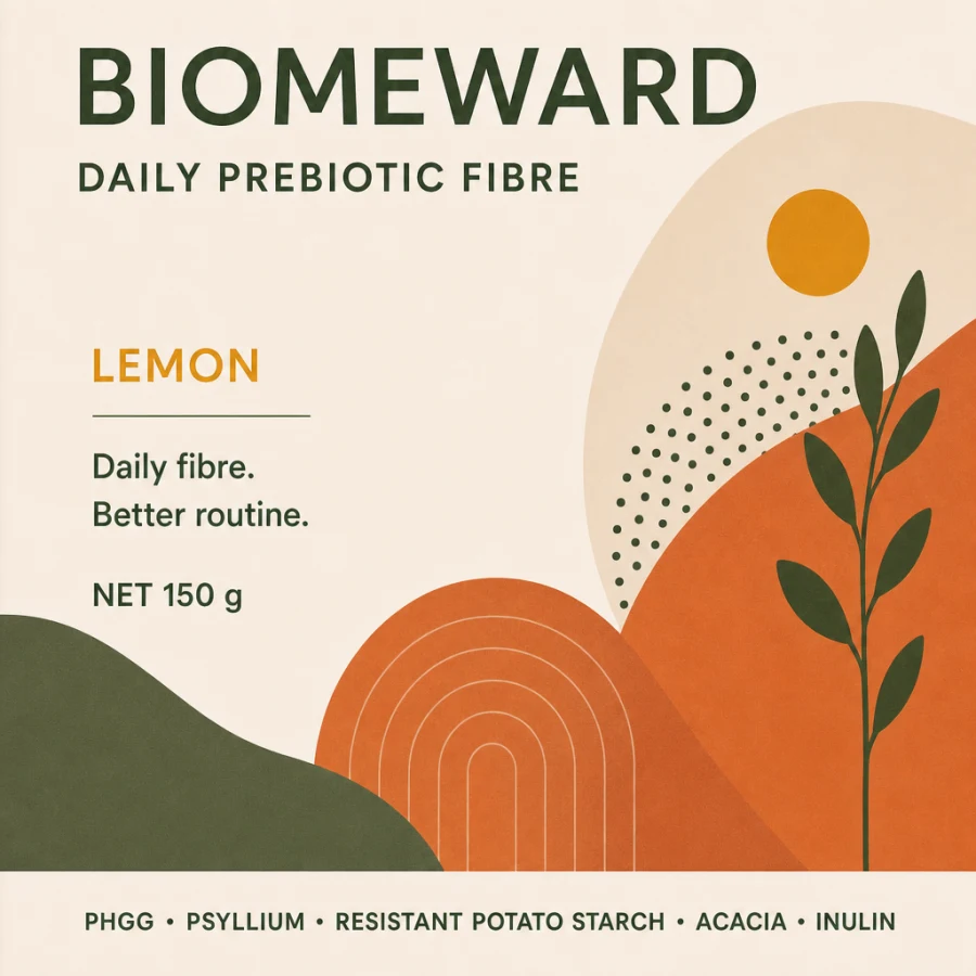 Close detail of the BIOMEWARD pouch label