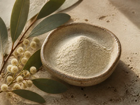 Acacia fibre powder with acacia leaves