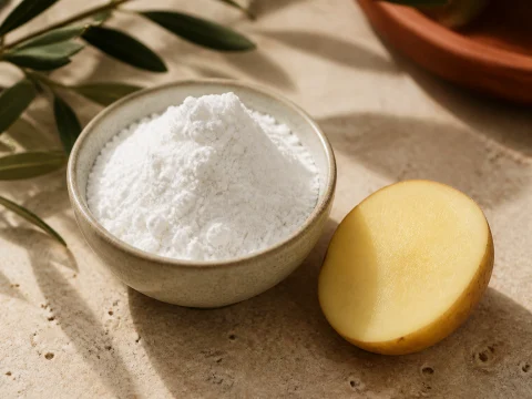 Potato starch powder beside a sliced potato