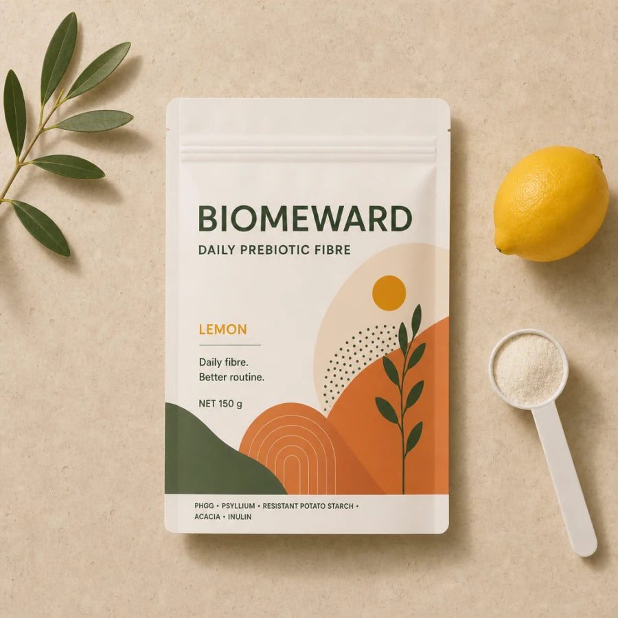 BIOMEWARD pouch photographed from above with a lemon, olive sprig and measuring scoop